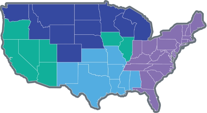 Map of the United States with regional areas highlighted in different colors